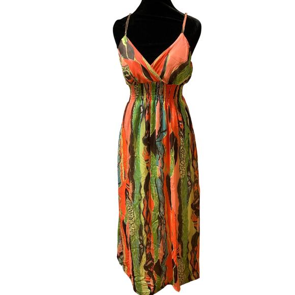 VTG Y2K Colorful Neon Maxi L Dress Watercolor Babydoll Abstract Artsy Resort - Picture 1 of 3